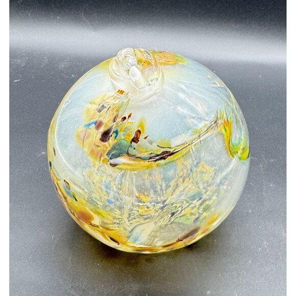 Large Hanging Hand-Blown Art Glass Sphere Ornament With Multicolor Details 5"D - Picture 5 of 6
